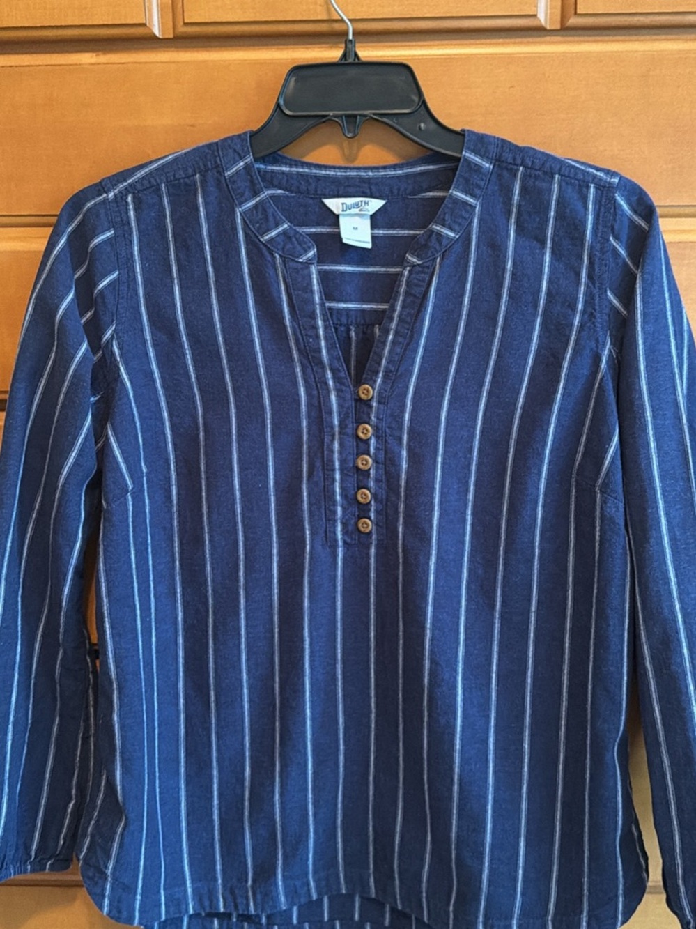 Duluth Trading Co Navy and White Striped Henley